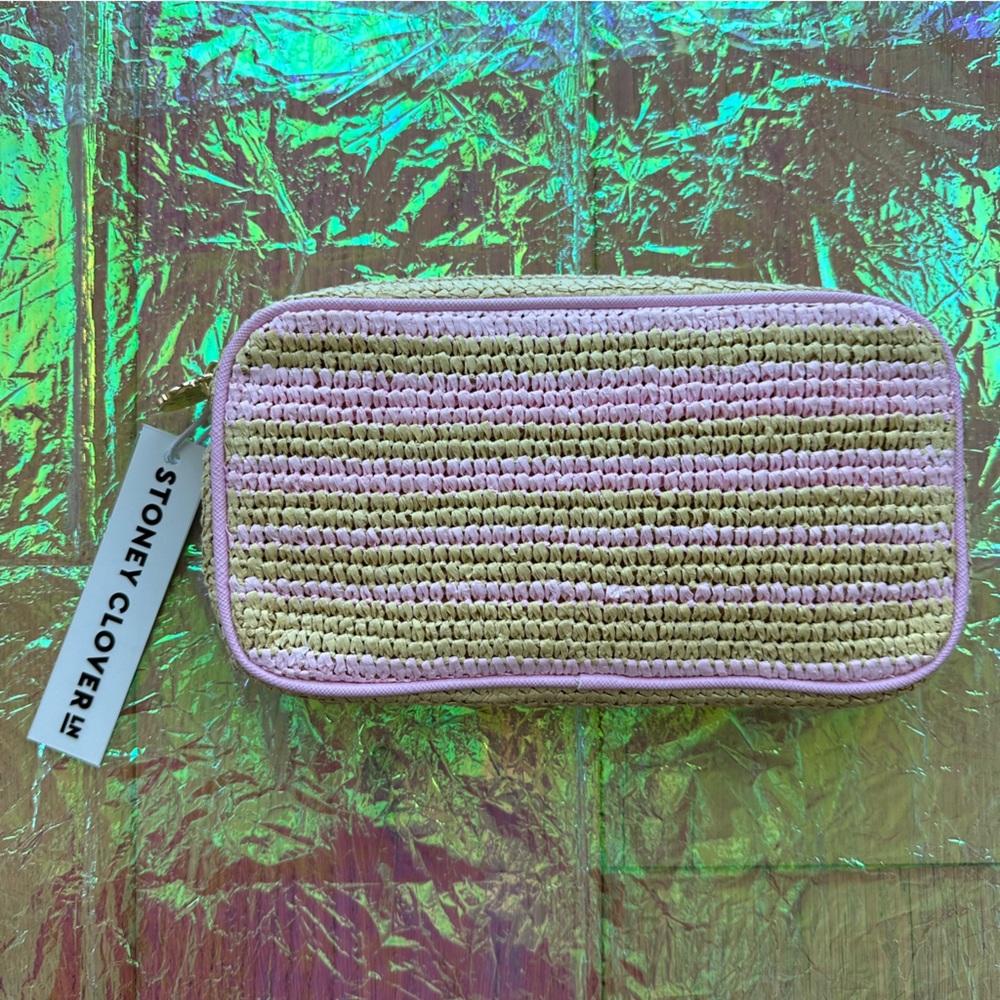 🆕 Stoney Clover Lane Pink Stripe Woven Raffia Small Pouch